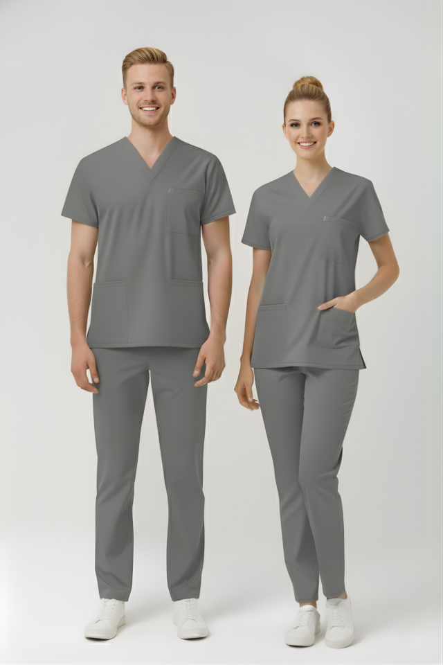 Neutral Gray Likralı Scrubs Doktor Hemşire Forması Yarasa Kol Takım Unisex