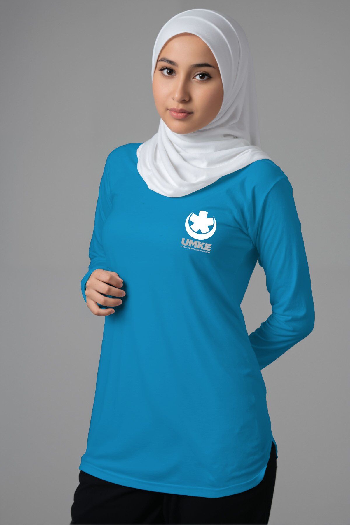 Turkuaz UMKE Tesettür Bisiklet Yaka Uzun Boy Penye Tişört
