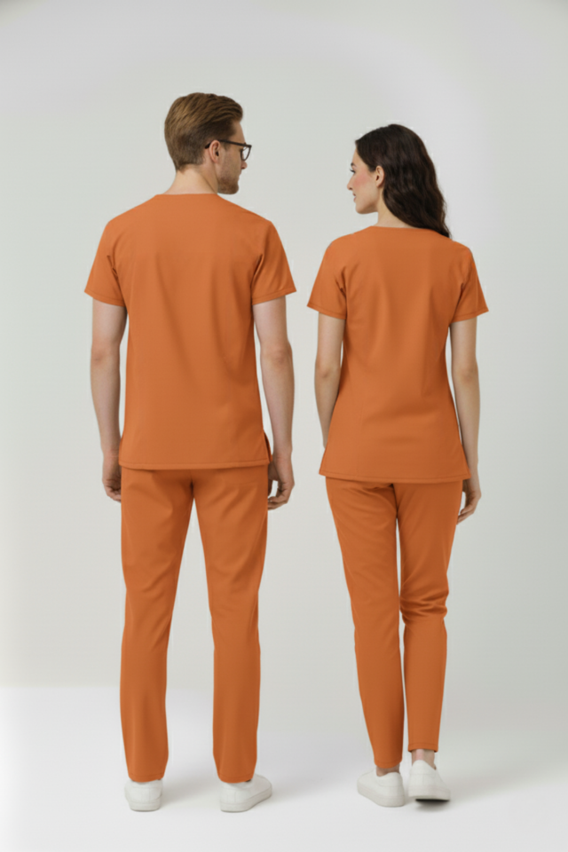 Orange Ochre Likralı Scrubs Doktor Hemşire Forması Yarasa Kol Takım Unisex