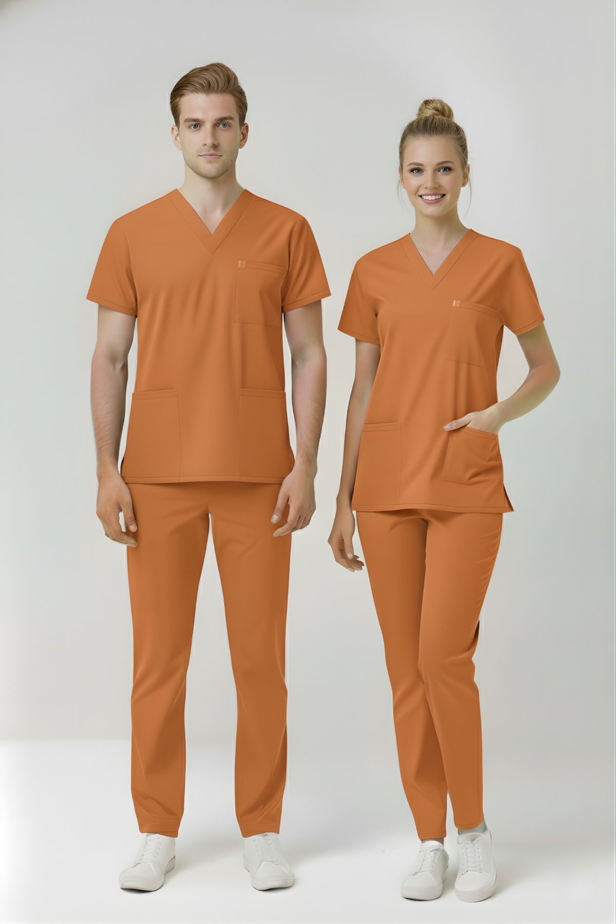 Orange Ochre Likralı Scrubs Doktor Hemşire Forması Yarasa Kol Takım Unisex