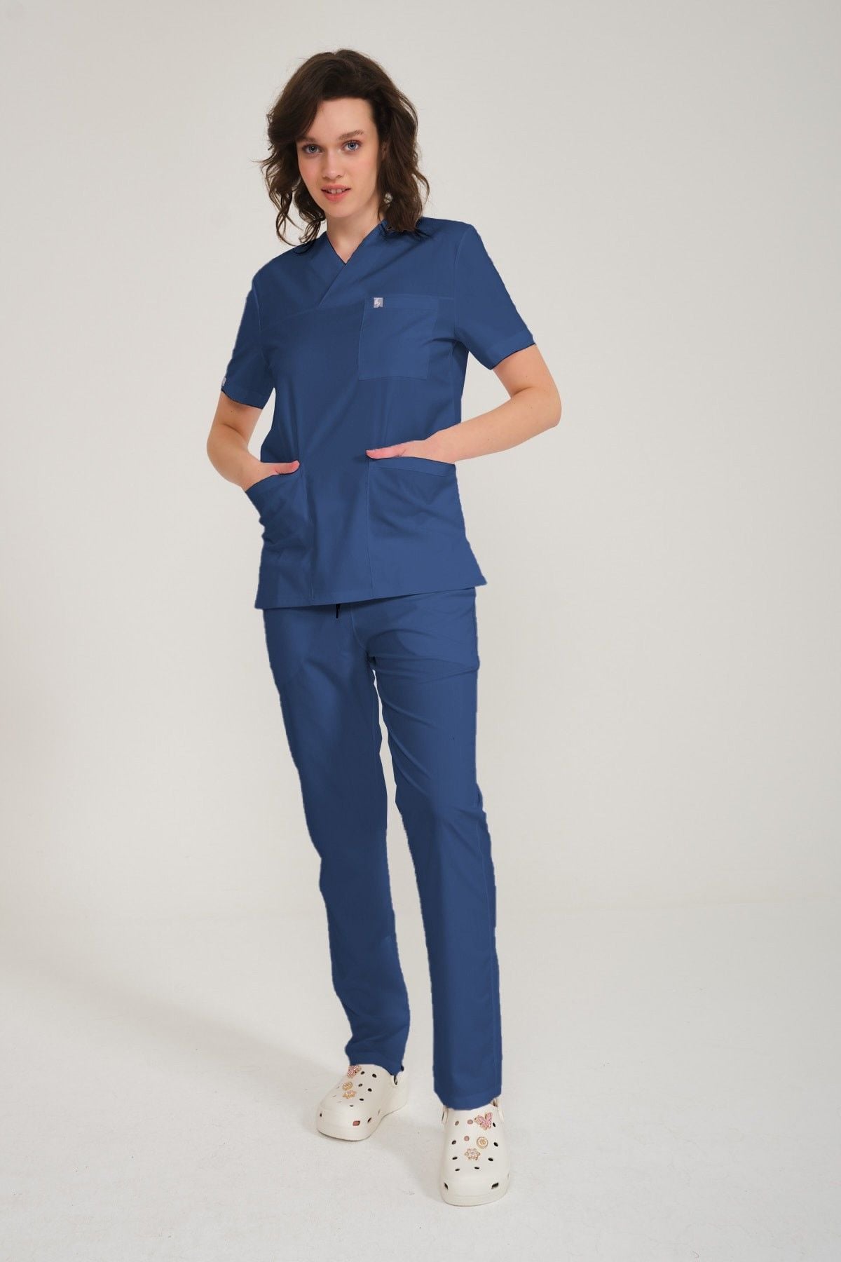 İndigo Likralı Zarf Yaka Scrubs Doktor Hemşire Forması Takım XL