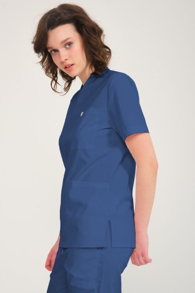 İndigo Likralı Zarf Yaka Scrubs Doktor Hemşire Forması Takım XL