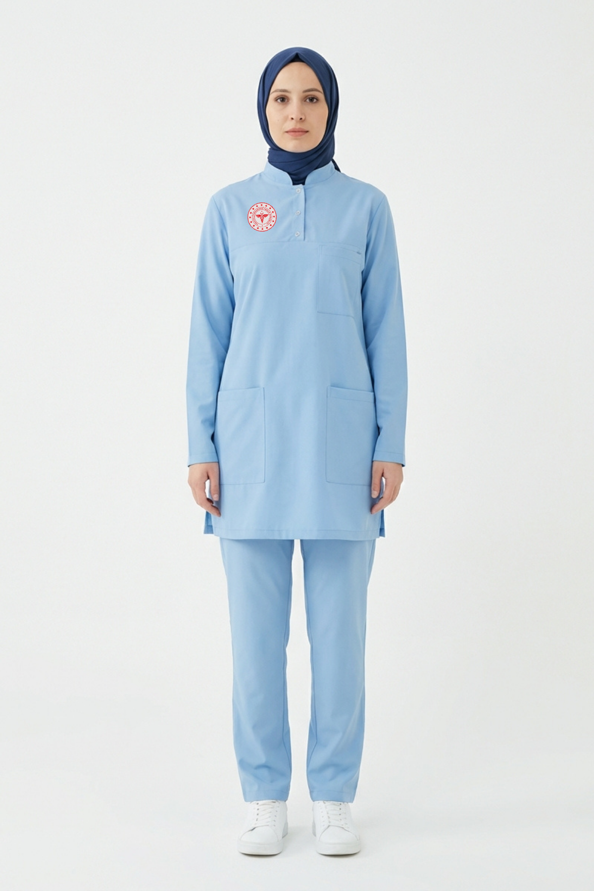 Alaskan Blue Likralı Tesettür Scrubs Doktor Hemşire Forması Takım
