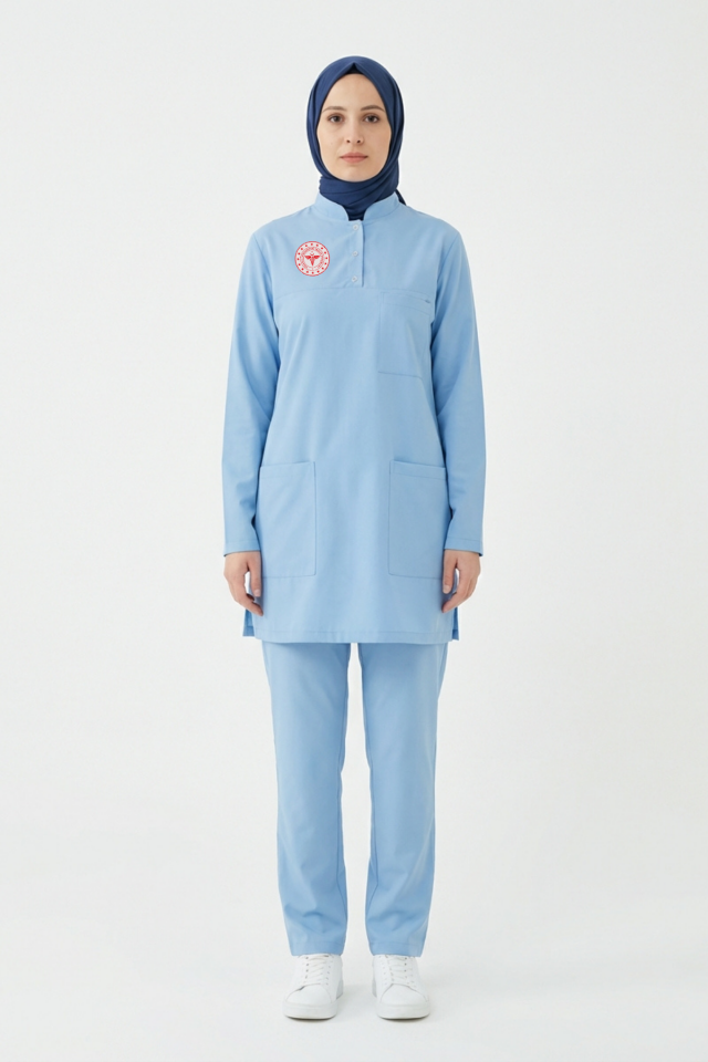 Alaskan Blue Likralı Tesettür Scrubs Doktor Hemşire Forması Takım