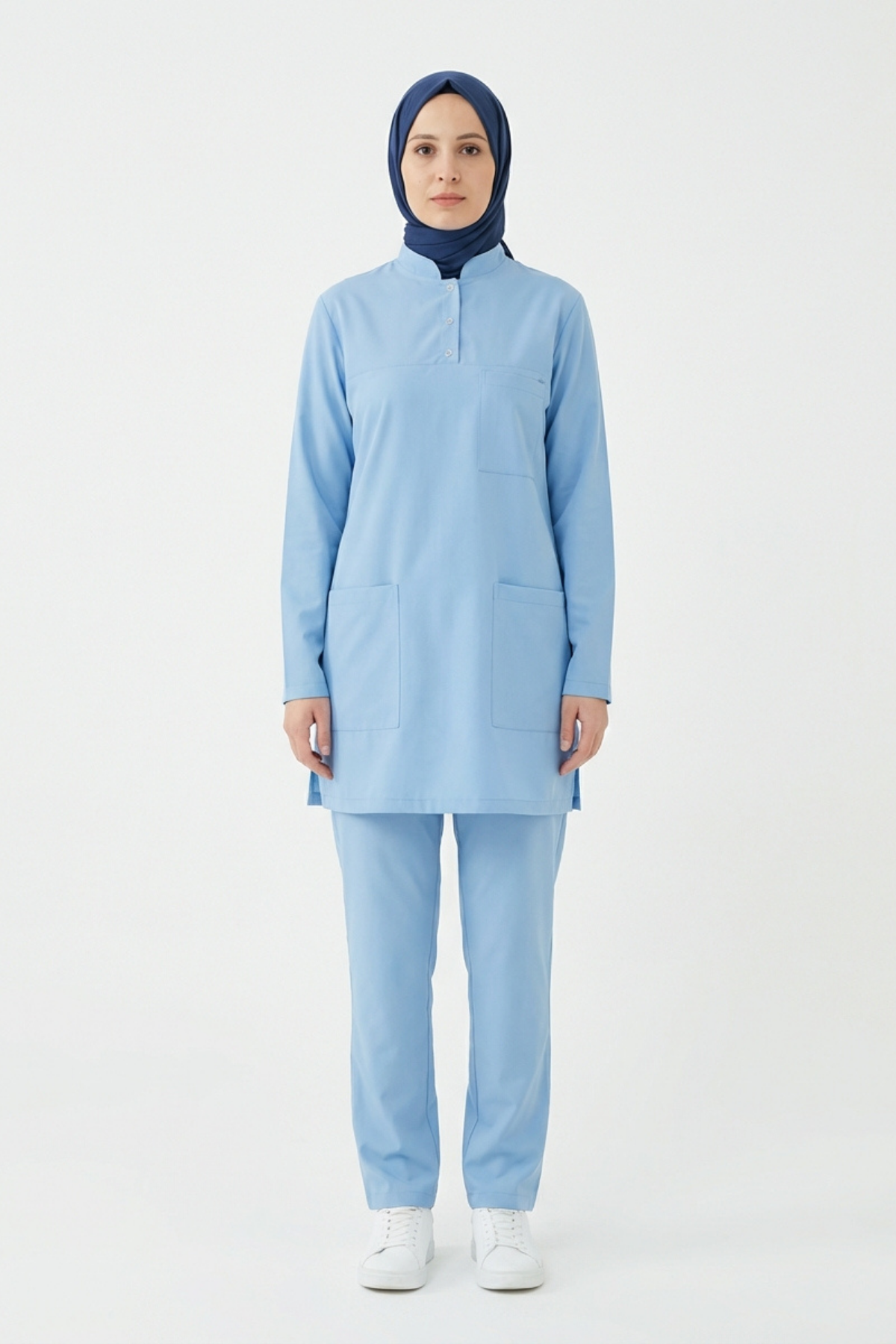 Alaskan Blue Likralı Tesettür Scrubs Doktor Hemşire Forması Takım