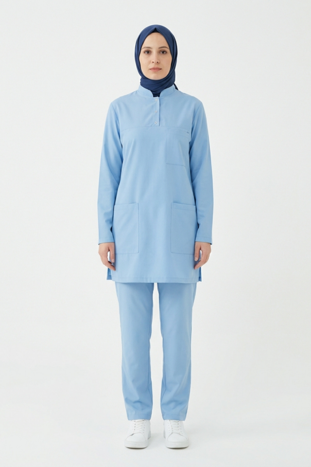 Alaskan Blue Likralı Tesettür Scrubs Doktor Hemşire Forması Takım
