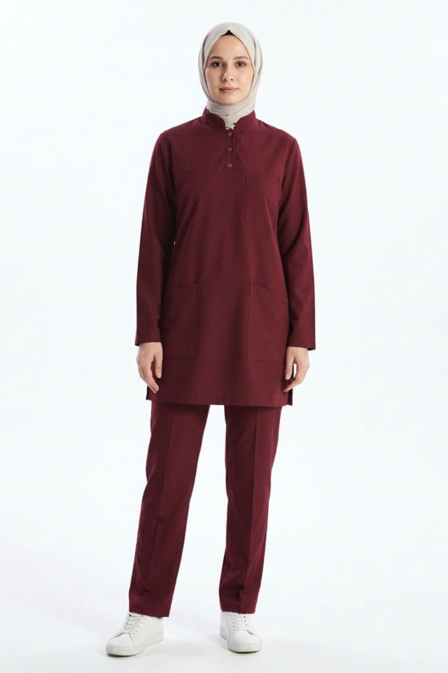 Biking Red Likralı Tesettür Scrubs Doktor Hemşire Forması Takım