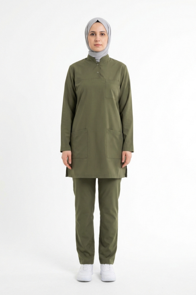 Grasshopper Likralı Tesettür Scrubs Doktor Hemşire Forması Takım