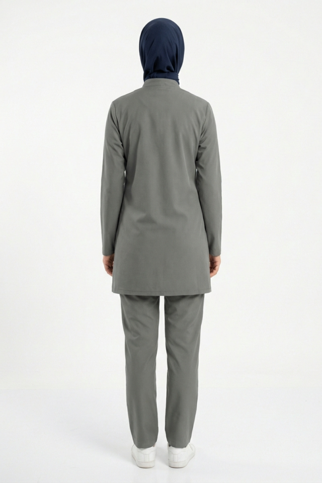Neutral Gray Likralı Tesettür Scrubs Doktor Hemşire Forması Takım