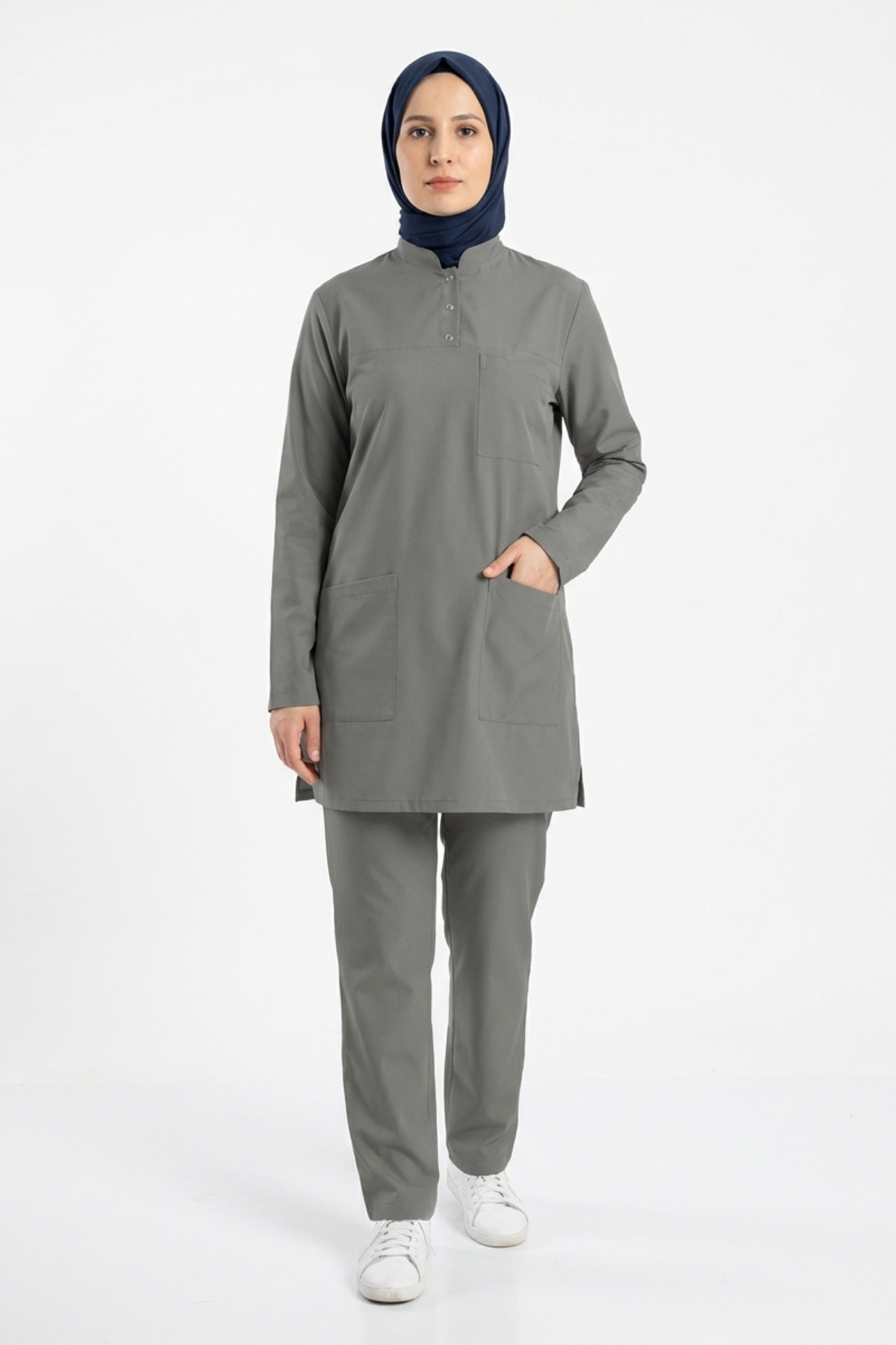 Neutral Gray Likralı Tesettür Scrubs Doktor Hemşire Forması Takım