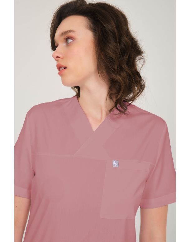 Gül Kurusu Likralı Zarf Yaka Scrubs Doktor Hemşire Forması Takım 2XL