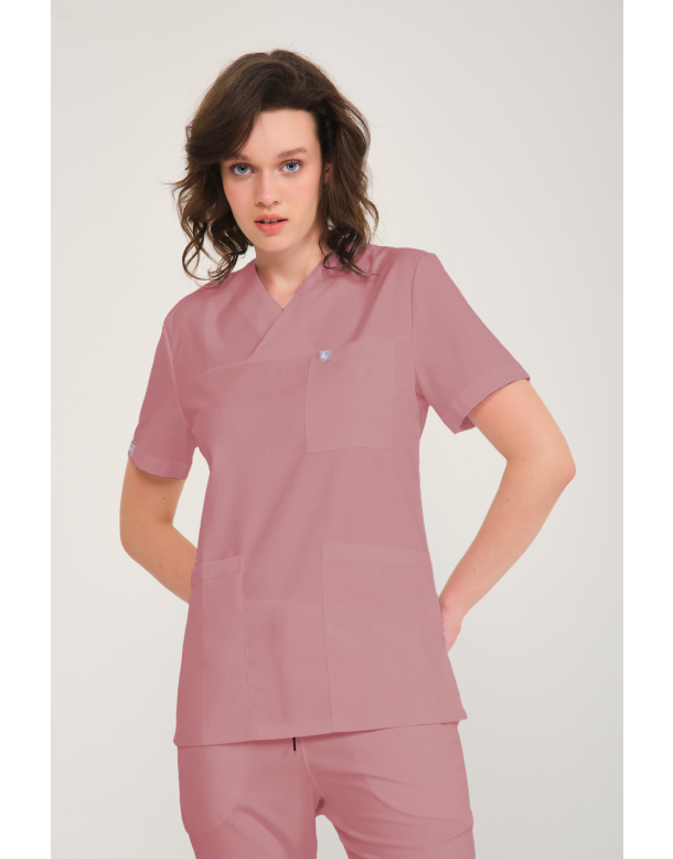 Gül Kurusu Likralı Zarf Yaka Scrubs Doktor Hemşire Forması Takım 2XL