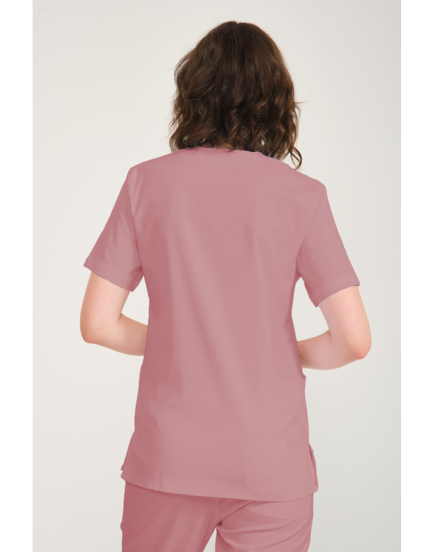 Gül Kurusu Likralı Zarf Yaka Scrubs Doktor Hemşire Forması Takım 2XL
