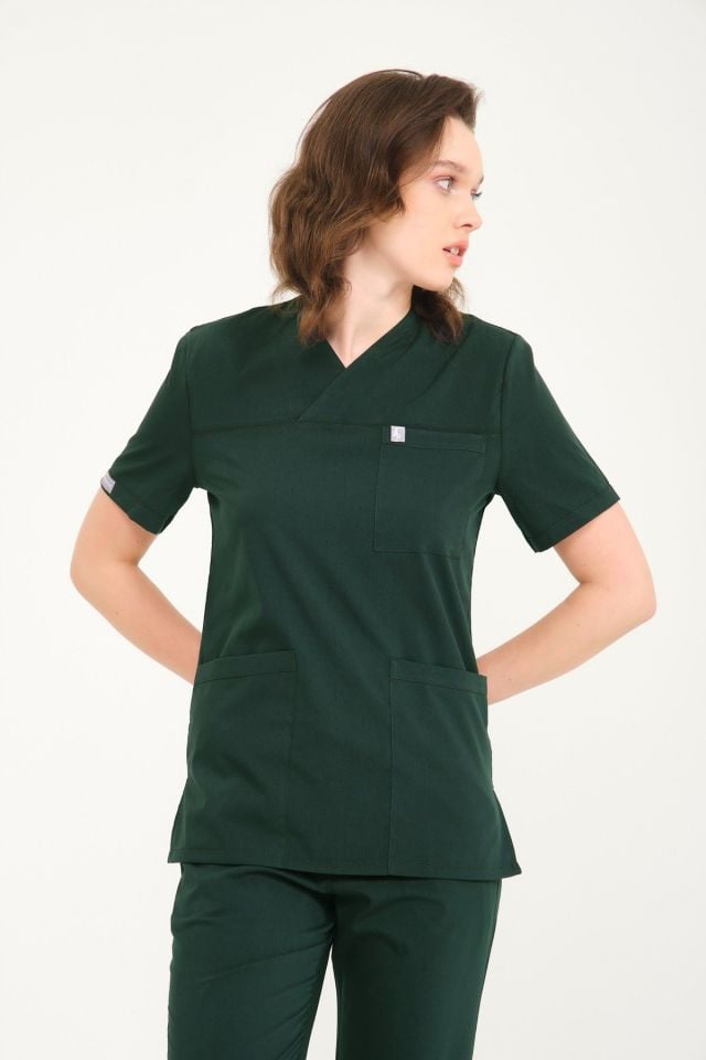 Ördek Yeşil Likralı Zarf Yaka Scrubs Doktor Hemşire Forması Takım 2XL