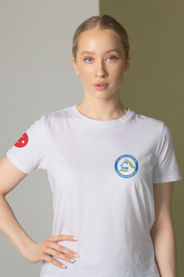 Beyaz Evde Sağlık Baskılı Bisiklet Yaka Tişört Unisex