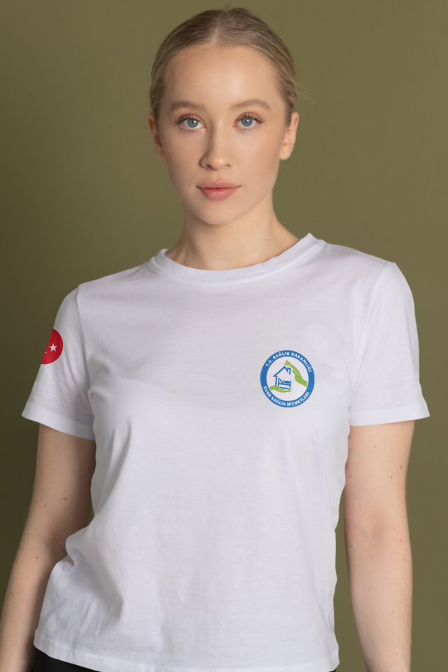 Beyaz Evde Sağlık Baskılı Bisiklet Yaka Tişört Unisex