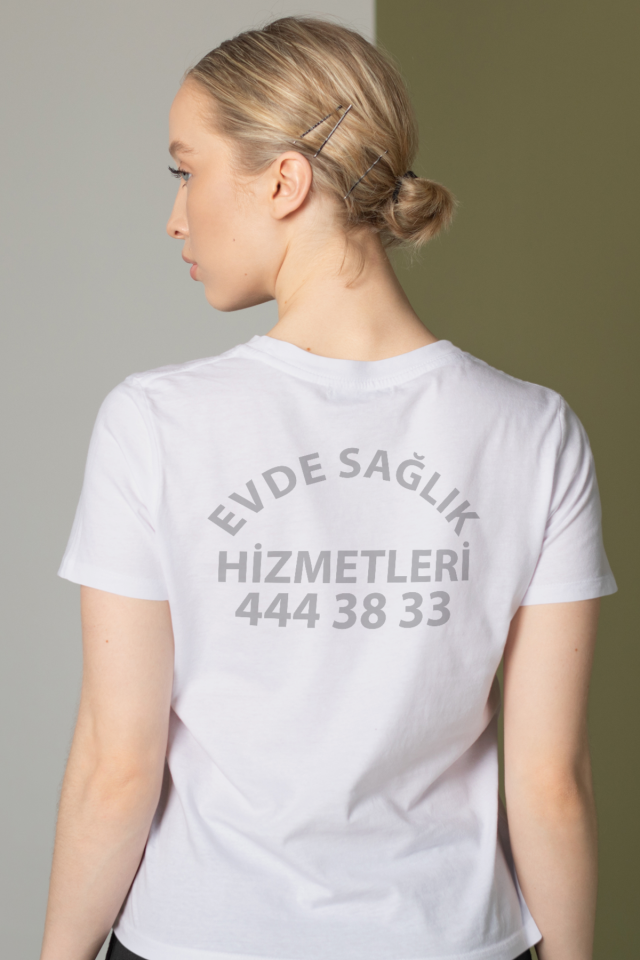 Beyaz Evde Sağlık Baskılı Bisiklet Yaka Tişört Unisex