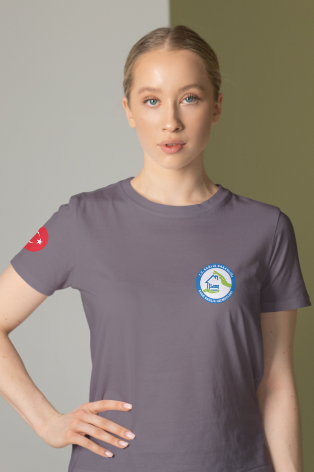 Gri Evde Sağlık Baskılı Bisiklet Yaka Tişört Unisex