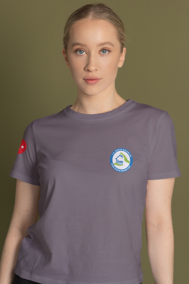 Gri Evde Sağlık Baskılı Bisiklet Yaka Tişört Unisex