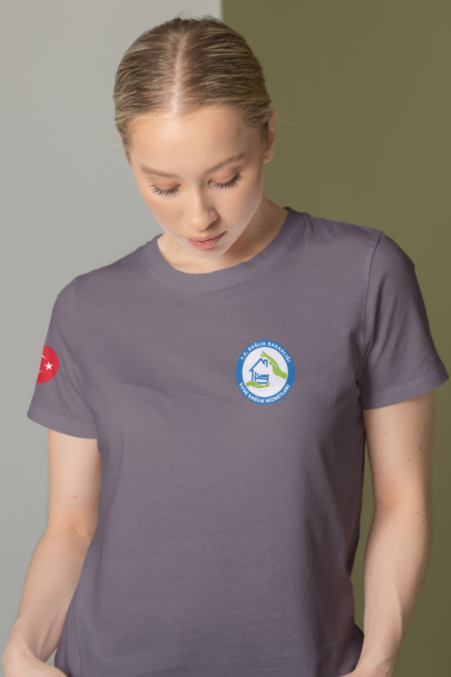 Gri Evde Sağlık Baskılı Bisiklet Yaka Tişört Unisex