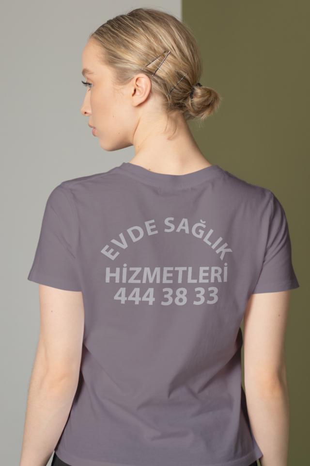 Gri Evde Sağlık Baskılı Bisiklet Yaka Tişört Unisex