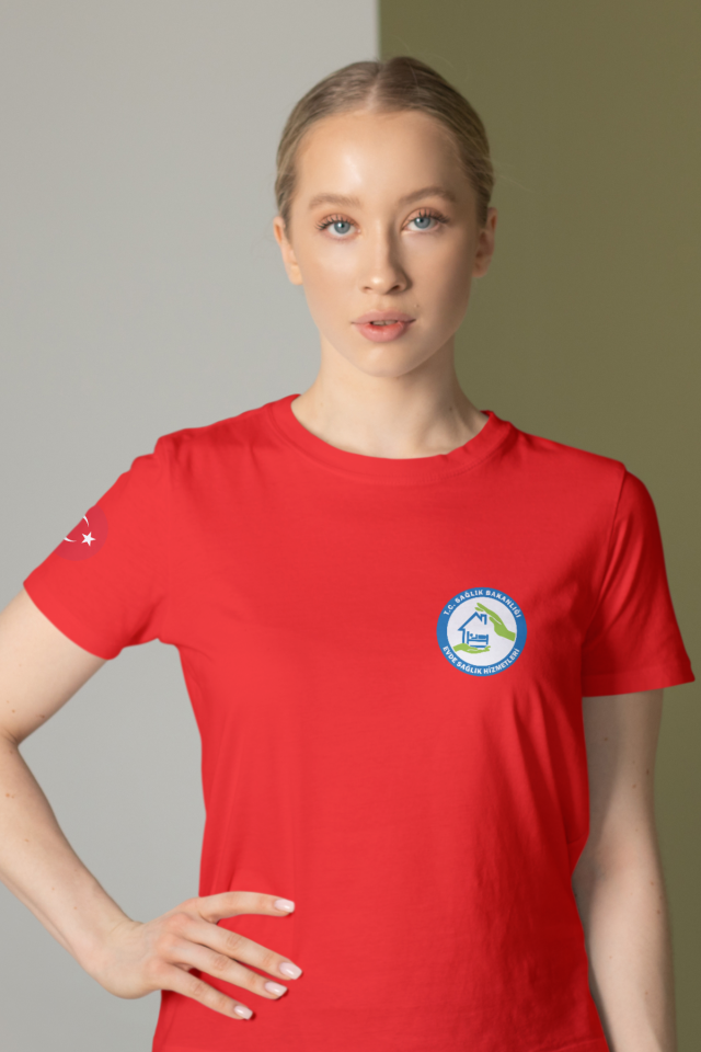 Kırmızı Evde Sağlık Baskılı Bisiklet Yaka Tişört Unisex