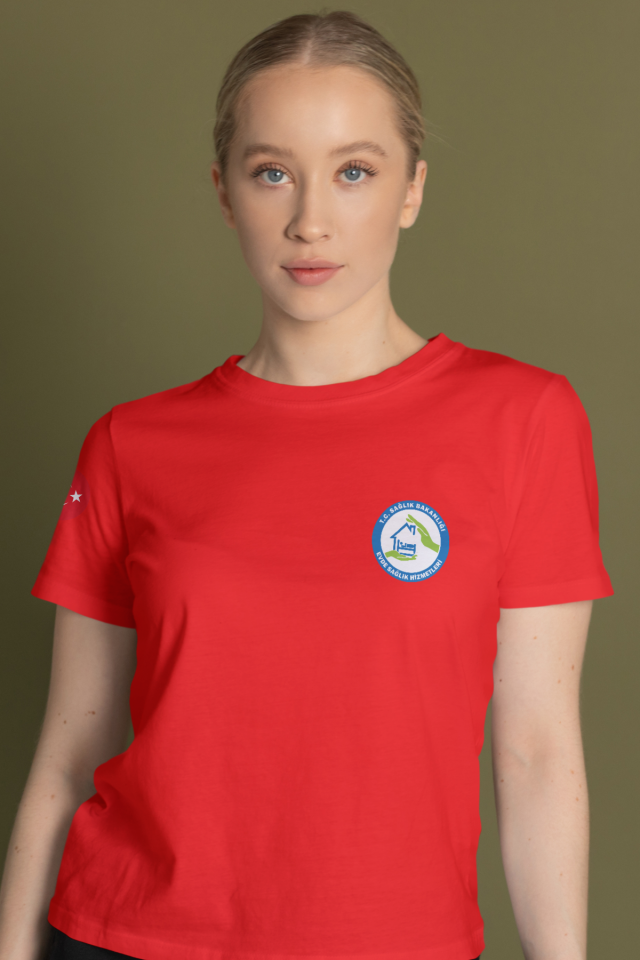 Kırmızı Evde Sağlık Baskılı Bisiklet Yaka Tişört Unisex