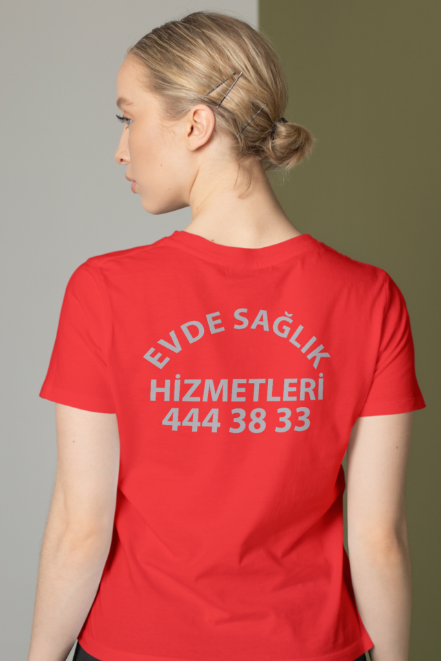 Kırmızı Evde Sağlık Baskılı Bisiklet Yaka Tişört Unisex
