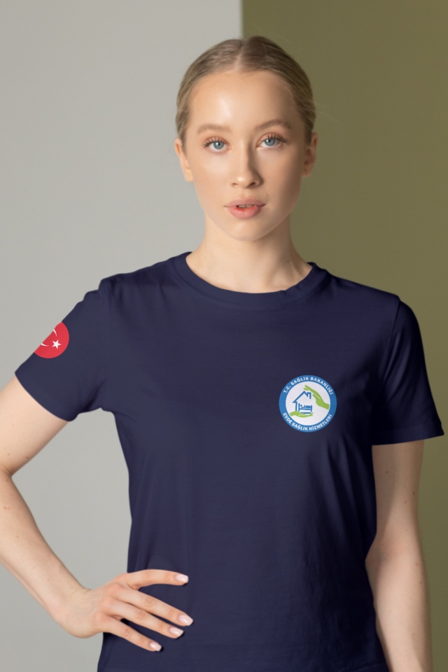 Lacivert Evde Sağlık Baskılı Bisiklet Yaka Tişört Unisex