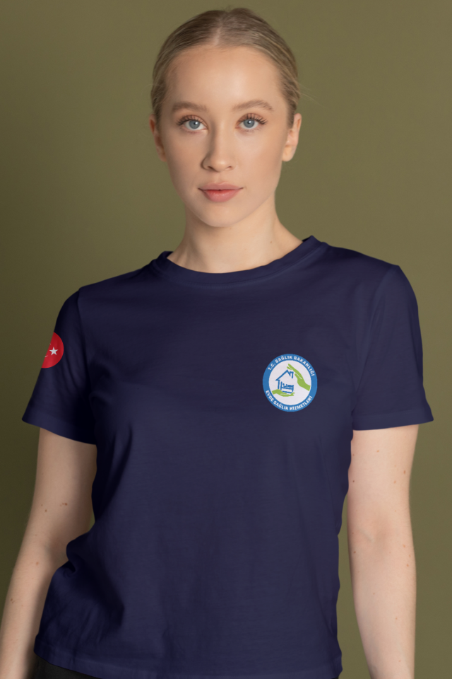 Lacivert Evde Sağlık Baskılı Bisiklet Yaka Tişört Unisex
