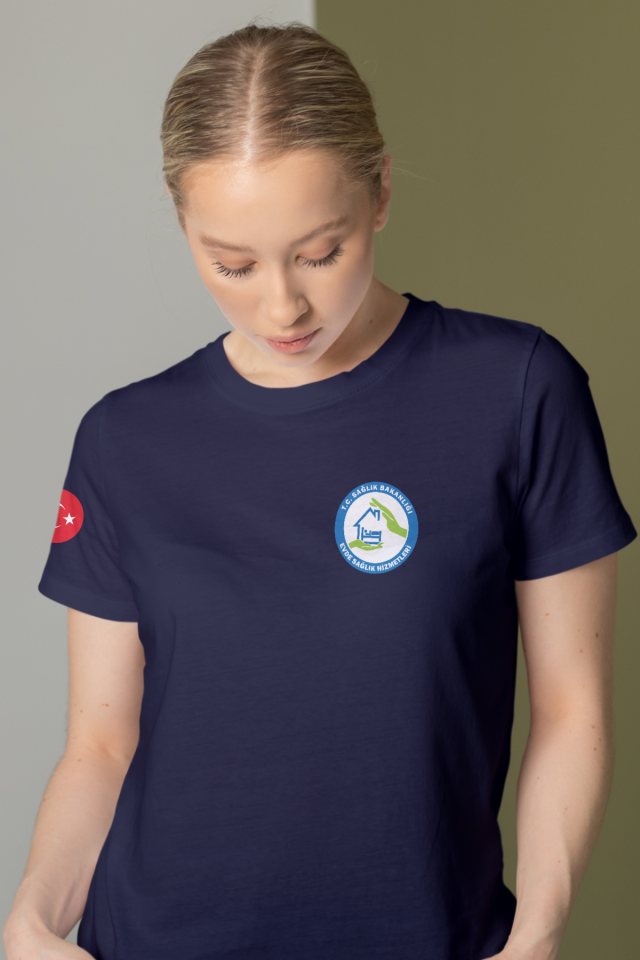 Lacivert Evde Sağlık Baskılı Bisiklet Yaka Tişört Unisex