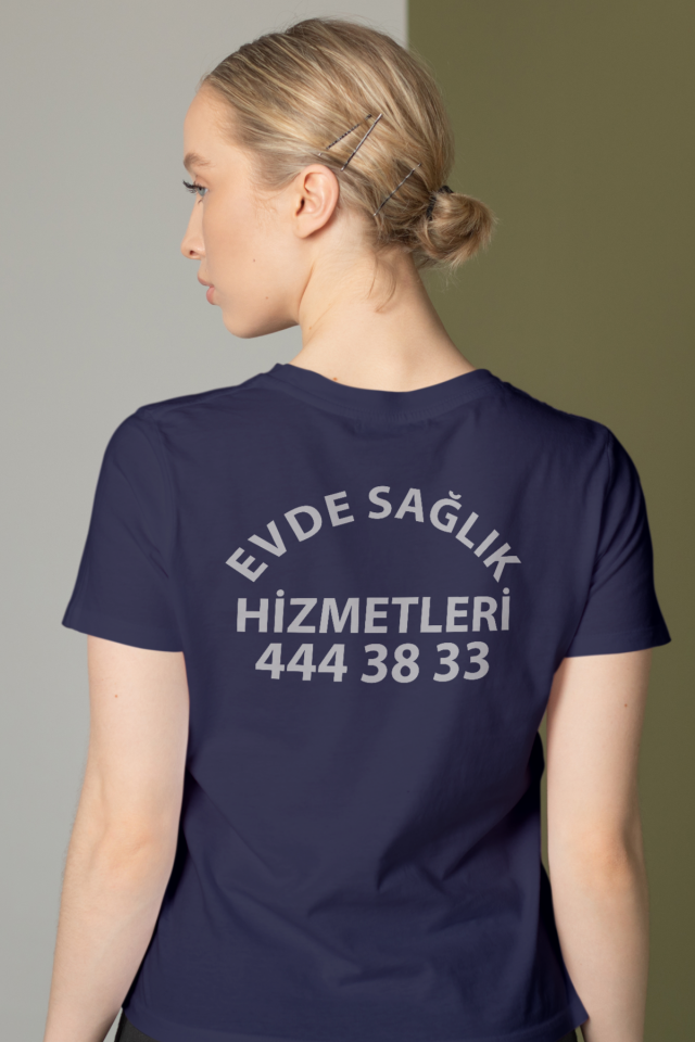 Lacivert Evde Sağlık Baskılı Bisiklet Yaka Tişört Unisex