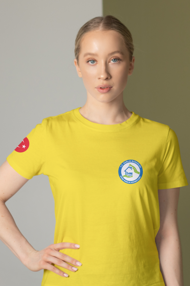 Sarı Evde Sağlık Baskılı Bisiklet Yaka Tişört Unisex