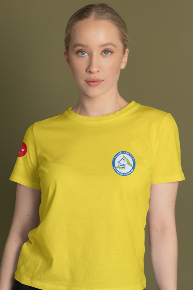 Sarı Evde Sağlık Baskılı Bisiklet Yaka Tişört Unisex