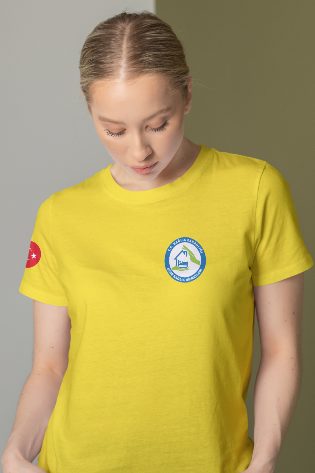 Sarı Evde Sağlık Baskılı Bisiklet Yaka Tişört Unisex