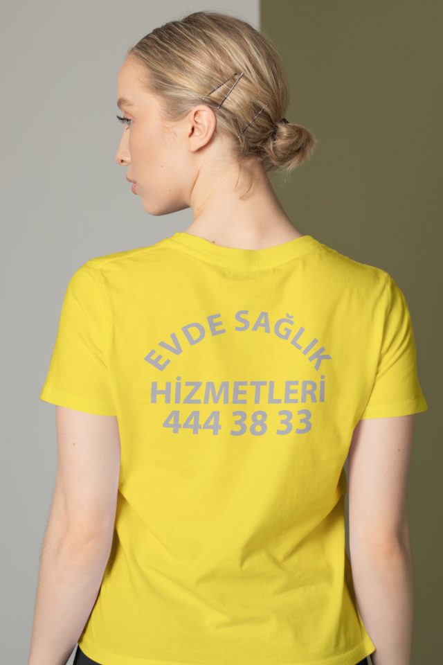 Sarı Evde Sağlık Baskılı Bisiklet Yaka Tişört Unisex