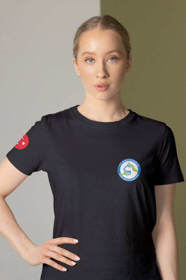 Siyah Evde Sağlık Baskılı Bisiklet Yaka Tişört Unisex