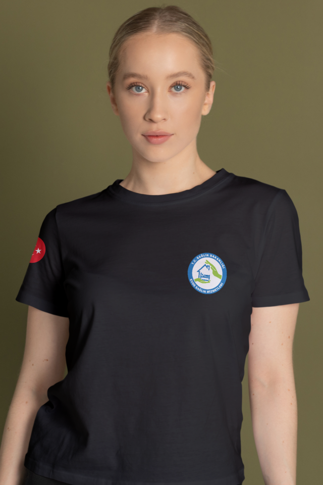 Siyah Evde Sağlık Baskılı Bisiklet Yaka Tişört Unisex