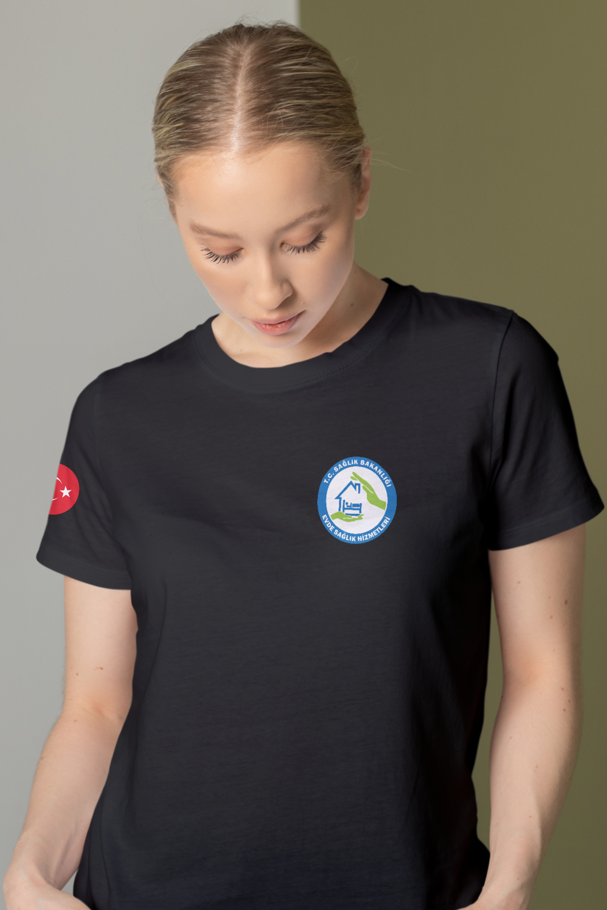 Siyah Evde Sağlık Baskılı Bisiklet Yaka Tişört Unisex