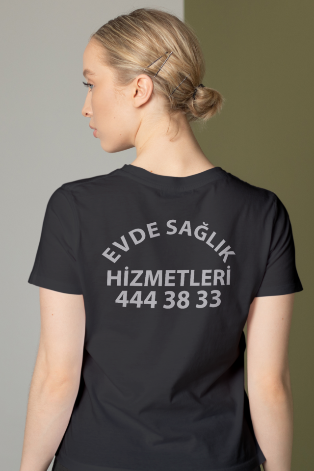 Siyah Evde Sağlık Baskılı Bisiklet Yaka Tişört Unisex