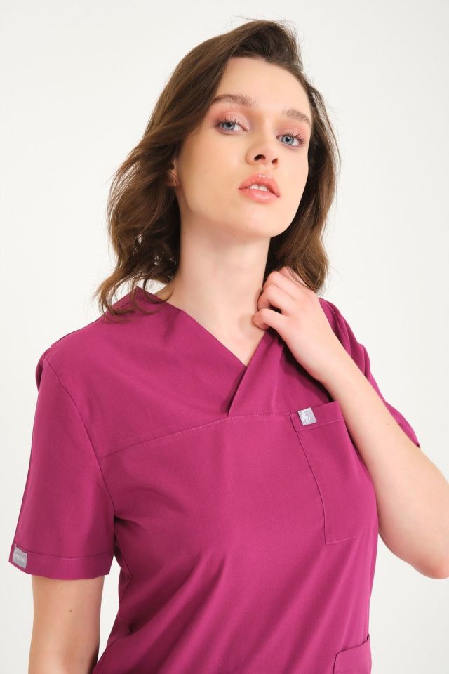Vişne Likralı Zarf Yaka Scrubs Doktor Hemşire Forması Takım XL