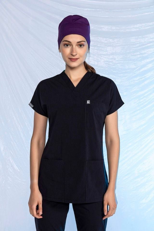Siyah Likralı Scrubs Doktor Hemşire Forması Yarasa Kol Tek Üst Unisex