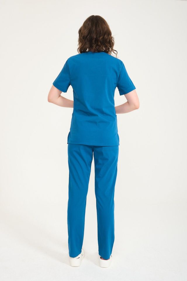 Turkuaz Likralı Zarf Yaka Scrubs Doktor Hemşire Forması Takım L