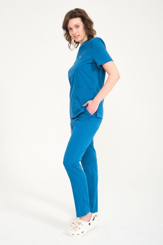 Turkuaz Likralı Zarf Yaka Scrubs Doktor Hemşire Forması Takım 2XL