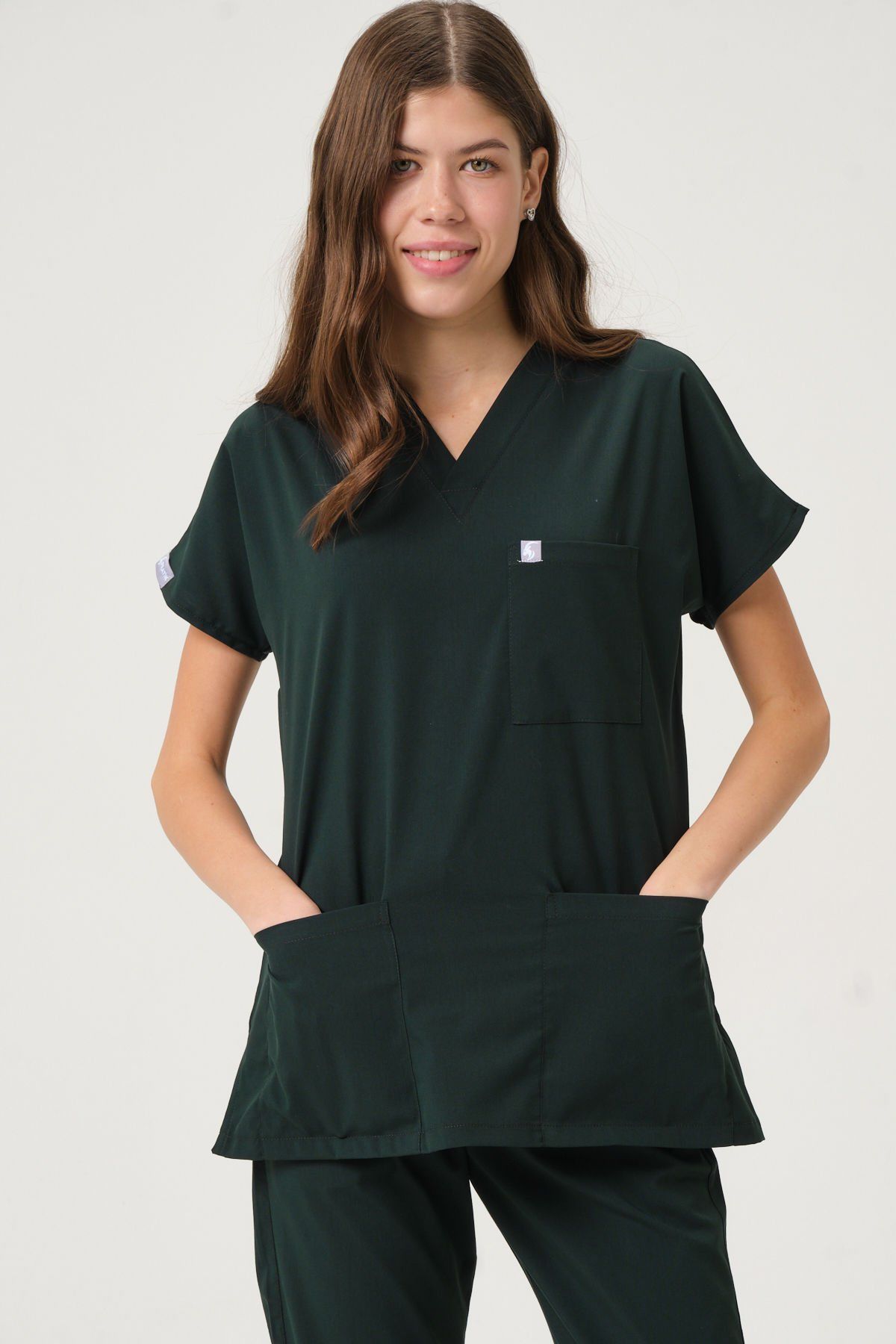 Ördek Yeşil Likralı Scrubs Doktor Hemşire Forması Yarasa Kol Tek Üst Unisex