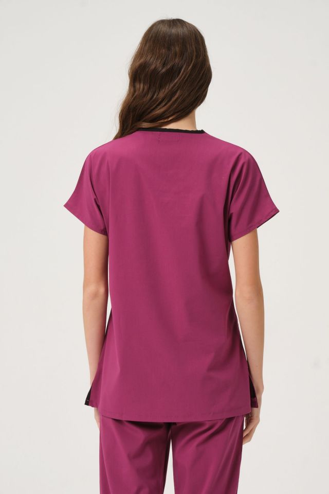 Vişne Likralı Scrubs Doktor Hemşire Forması Yarasa Kol Tek Üst Unisex