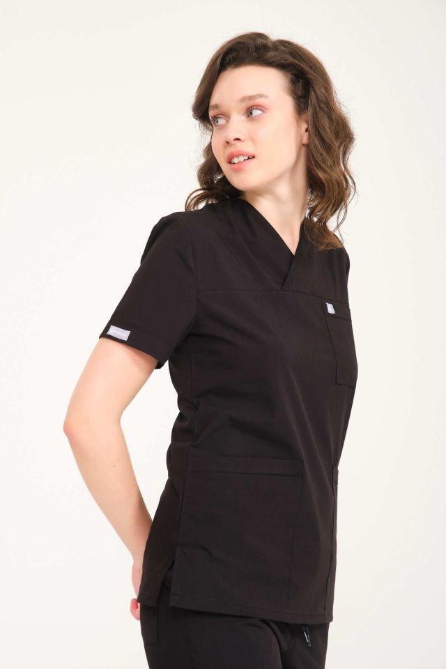 Siyah Likralı Zarf Yaka Scrubs Doktor Hemşire Forması Takım 2XL