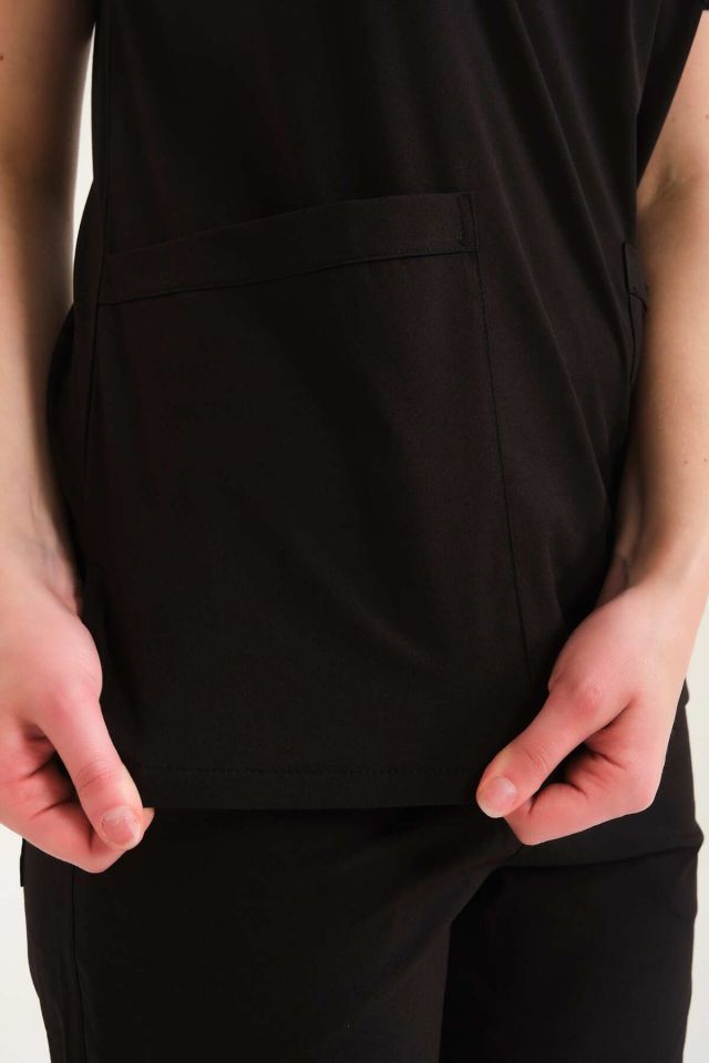 Siyah Likralı Zarf Yaka Scrubs Doktor Hemşire Forması Takım 2XL