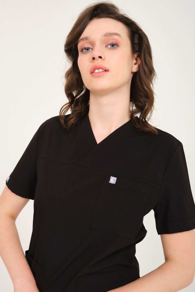 Siyah Likralı Zarf Yaka Scrubs Doktor Hemşire Forması Takım 2XL