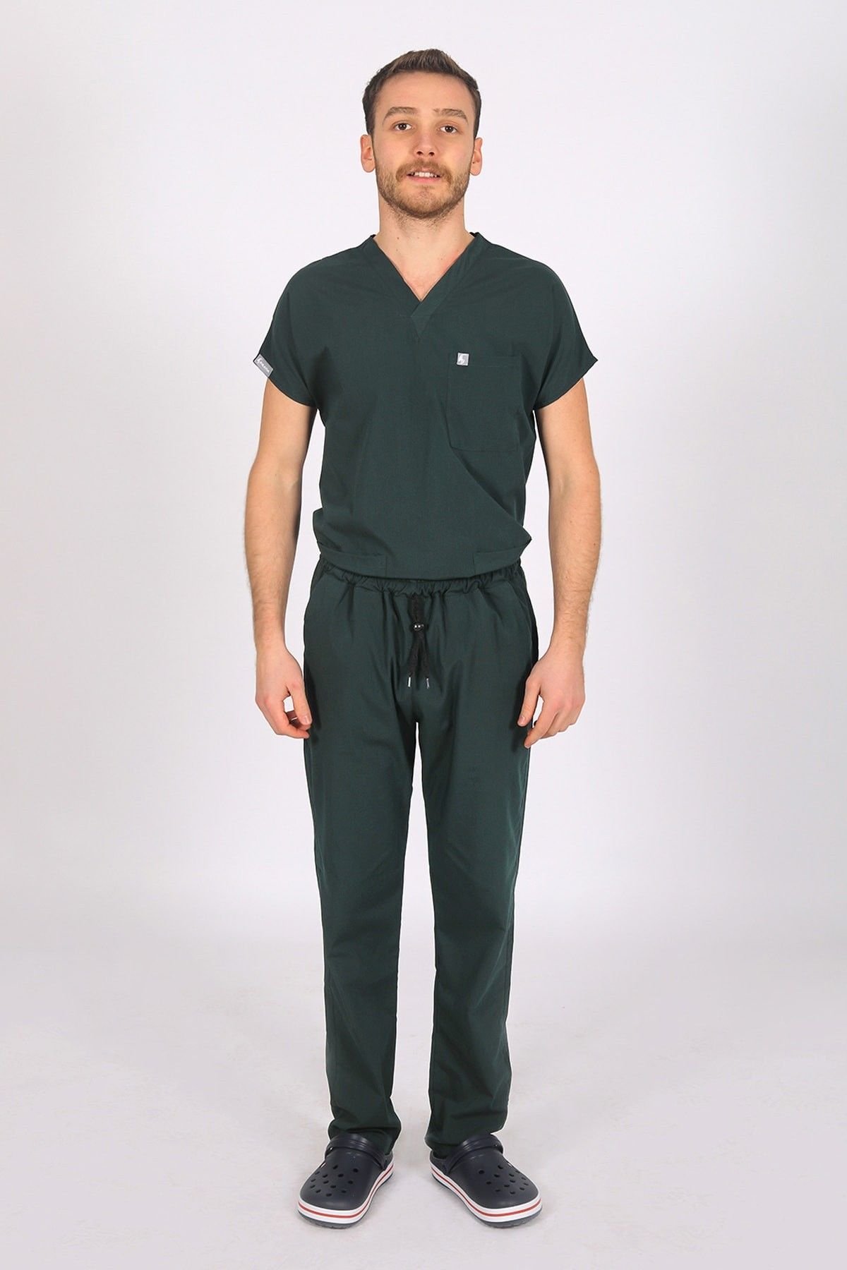 Ördek Yeşil Likralı Scrubs Doktor Hemşire Forması Yarasa Kol Tek Üst